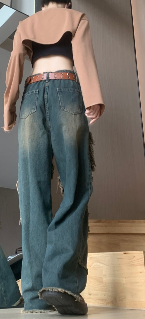 American vibe retro old star burr jeans women's summer high street design sense loose wide leg floor pants