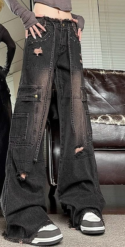Rough edge denim overalls women's spring and autumn new American high street retro high waist straight casual wide leg mopping pants