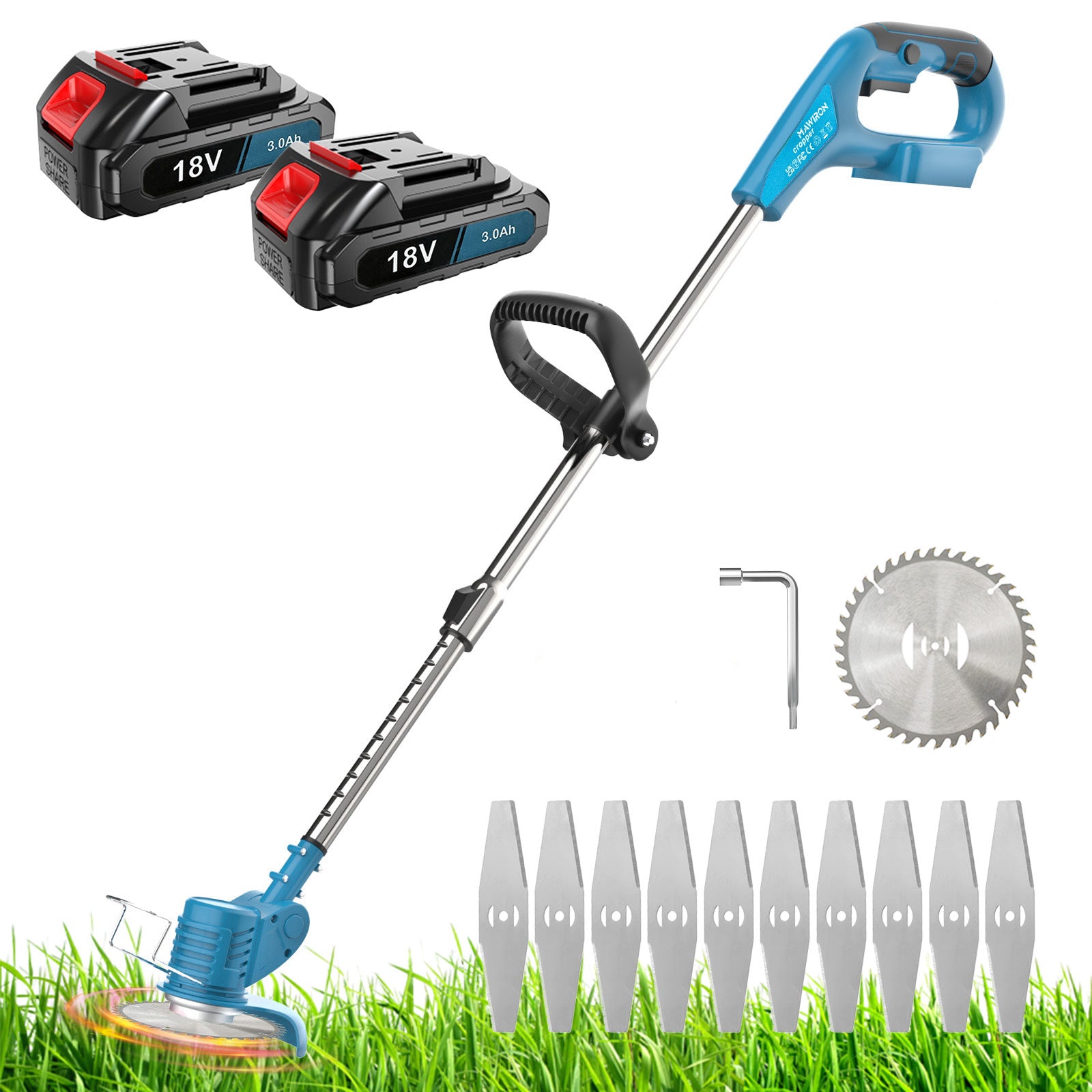 Kabelloser Strimmer mit 2 Akkus, Rasenmäher für den Garten, elektrischer Rasenmäher mit Metallklingen, 90° Kopfrotation, Bürstenrasenmäher zum Reinigen von Unkraut und Rasen
