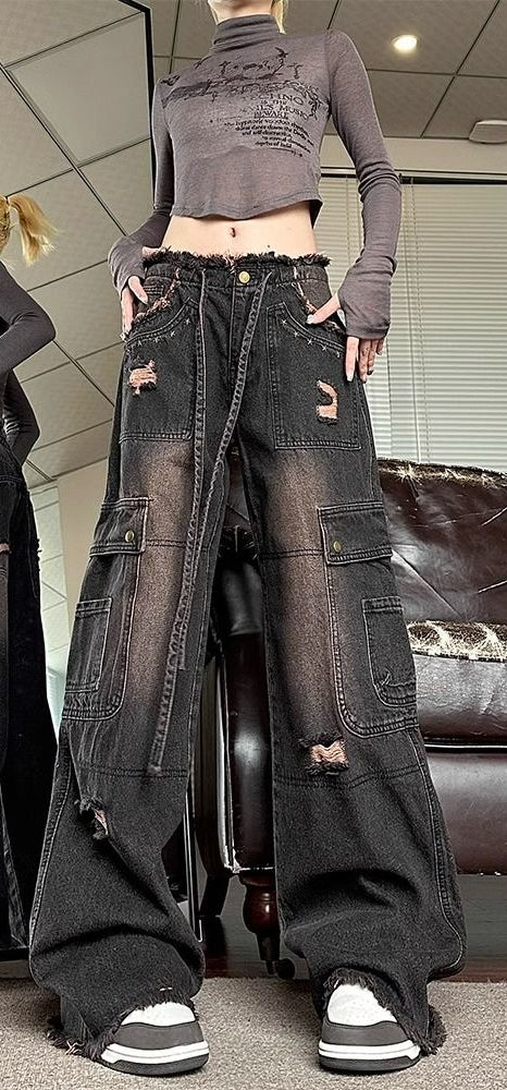 Rough edge denim overalls women's spring and autumn new American high street retro high waist straight casual wide leg mopping pants