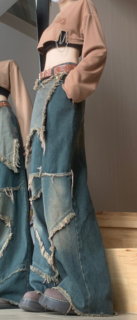 American vibe retro old star burr jeans women's summer high street design sense loose wide leg floor pants