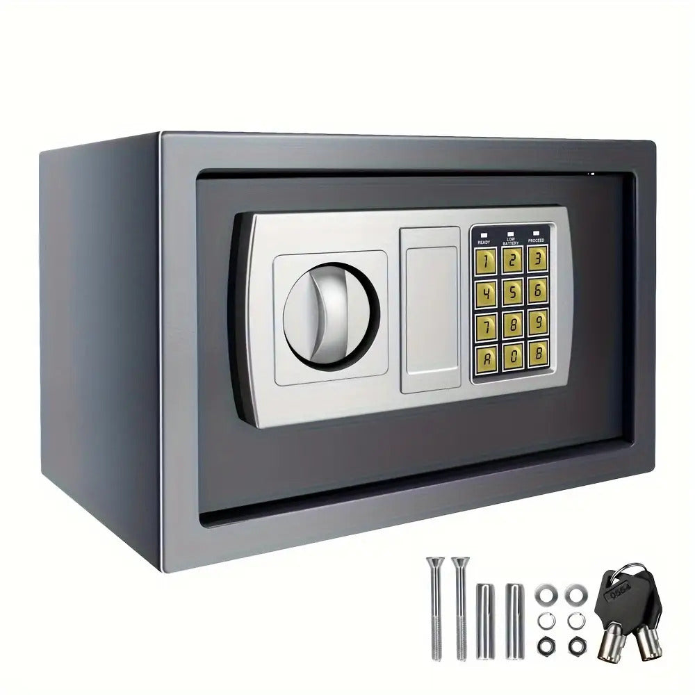 Sichere Heimsafes, Safe mit Digital-Tastatur, 8,5 L Elektronischer Sicherheitsschrank mit Schlüssel, Vollstahl-In-Wand-Heim- und Bürosafe, Grau
