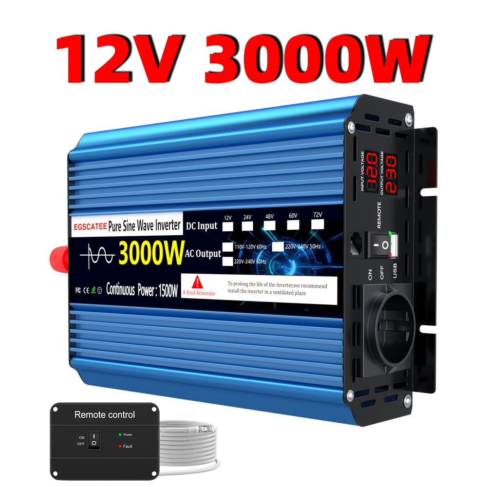 FLAMEZUM 3000W-6000W DC12V/24V zu 220V reiner Sinuswell-Wechselrichter mit LCD-Fernbedienung, EU-Steckdose und AC-Ausgang für Auto, Wohnmobil, Solarpanel - Kompaktes Design, keine Batterie erforderlich, Wechselrichter für Solarpanele, elektrische Upgrade