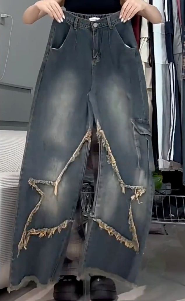 Hip Hop American Spice Girl Old Design Sense Rough Star Jeans Women's Summer Vintage Straight Wide Leg Pants