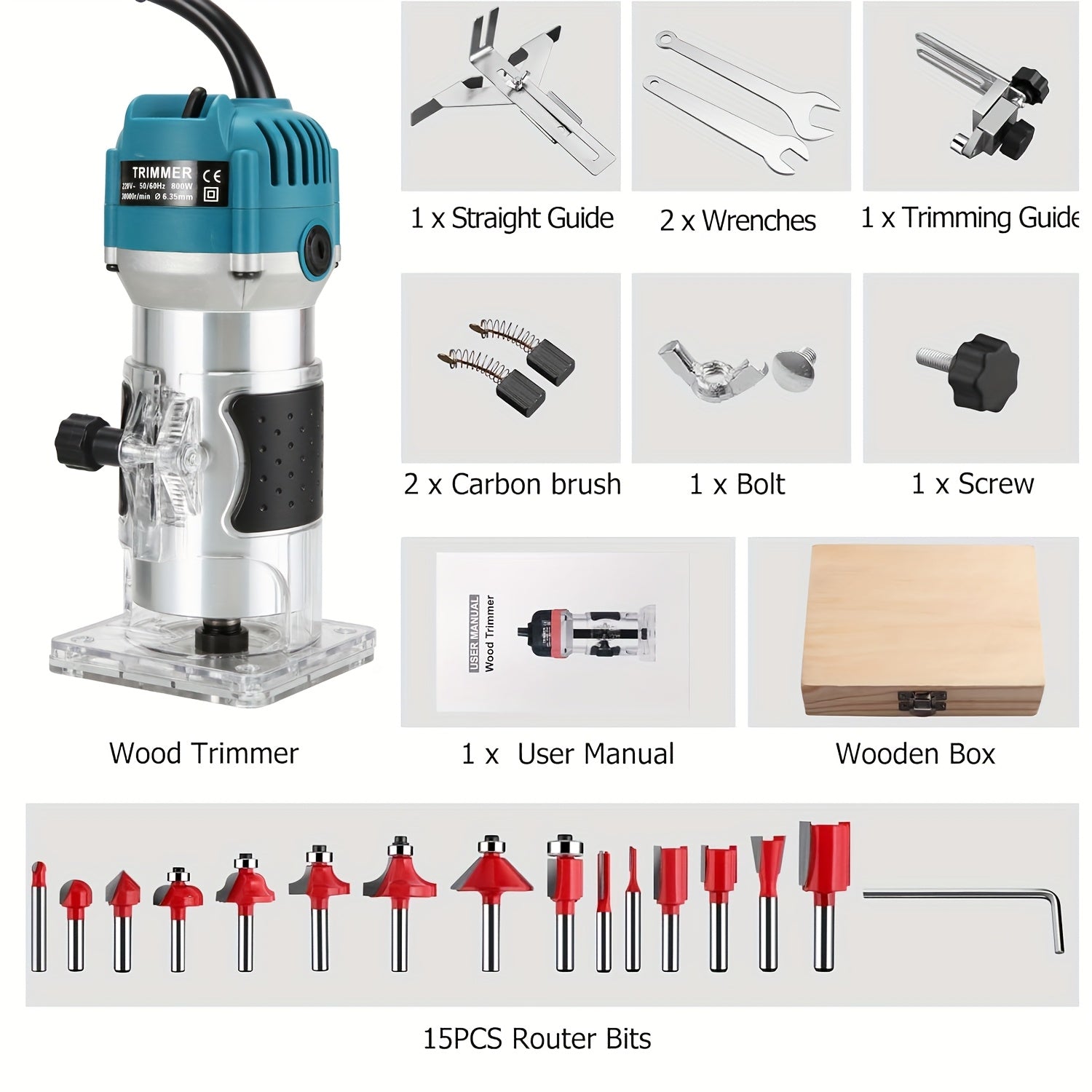 30000 U/min, 800 W Holzfräsmaschine für Schnitzen, Fräsen, Trimmen, Rillen, 1/4 Zoll Spannfutter + präzise Tiefenverstellung, elektrischer Holzschneider, Tischler-Elektrowerkzeug, Fräser-Set (15 Stk.), geeignet für DIY