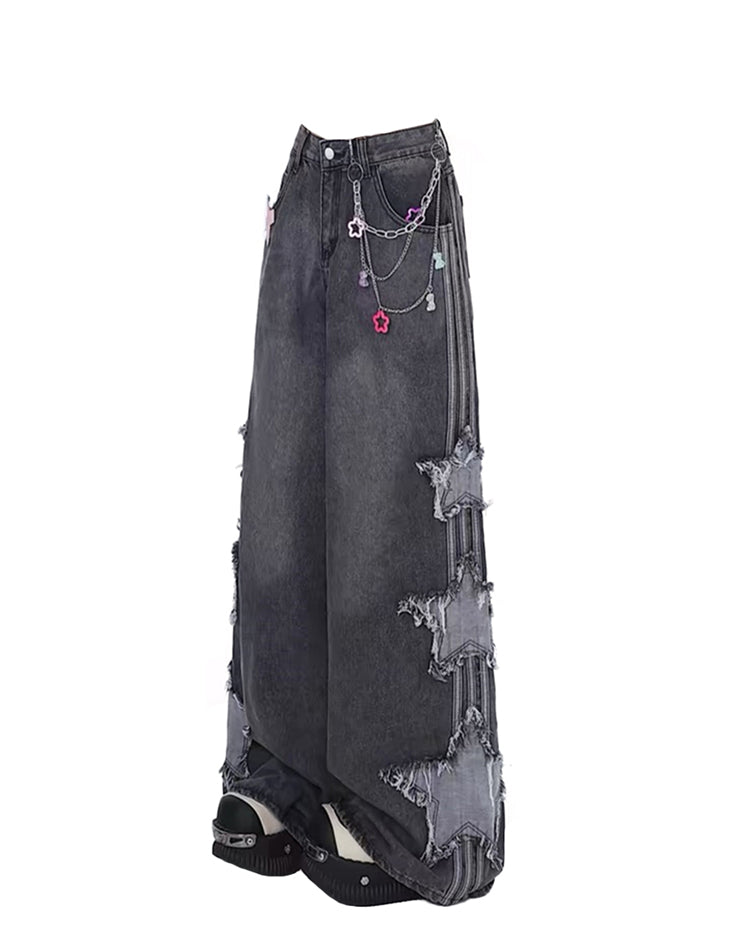 American retro star jeans women's 2024 new popular high street vibe wind loose wide-leg mopping trousers