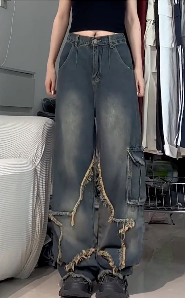 Hip Hop American Spice Girl Old Design Sense Rough Star Jeans Women's Summer Vintage Straight Wide Leg Pants