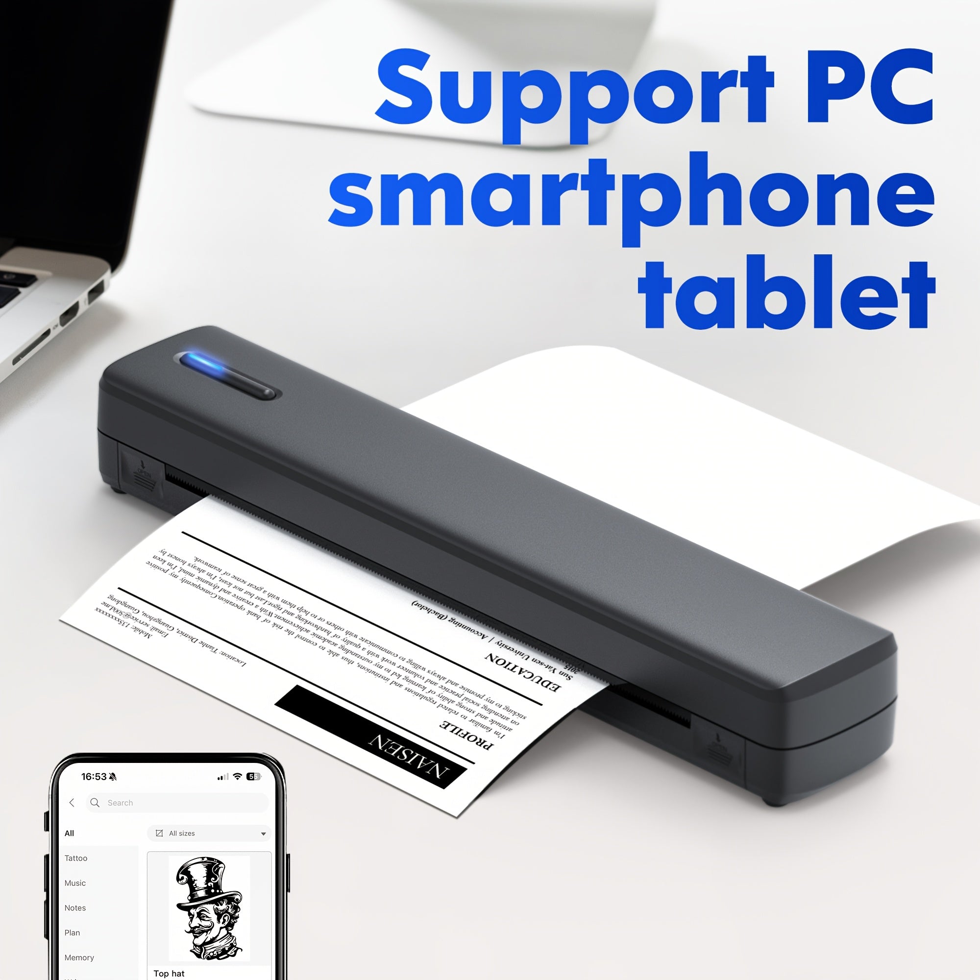 Portable Inkless Printer, Travel Wireless Printer, Thermal Tattoo Machine, Support A4 And US letter Thermal Paper, Compatible with Mobile Phones And Laptops, Suitable for Business, Travel, Office & Home