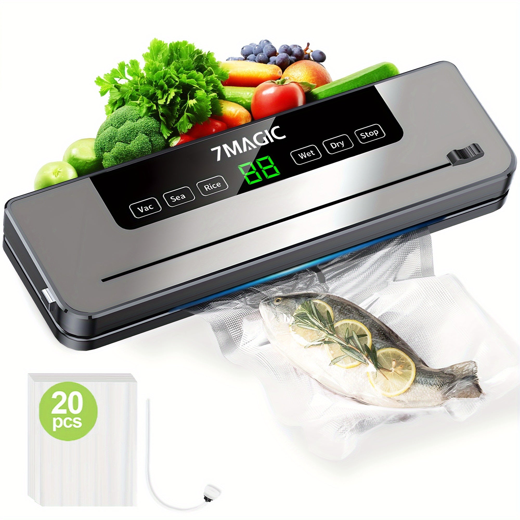Vacuum Sealer Machine with 20 Vacuum Bags, 80KPA for Dry And Wet Food Preservation, Automatic Sealing System Fast-Compact Food Sealer, Multi-Functional, Powerful Sealing Machine for Fresh Food Storage
