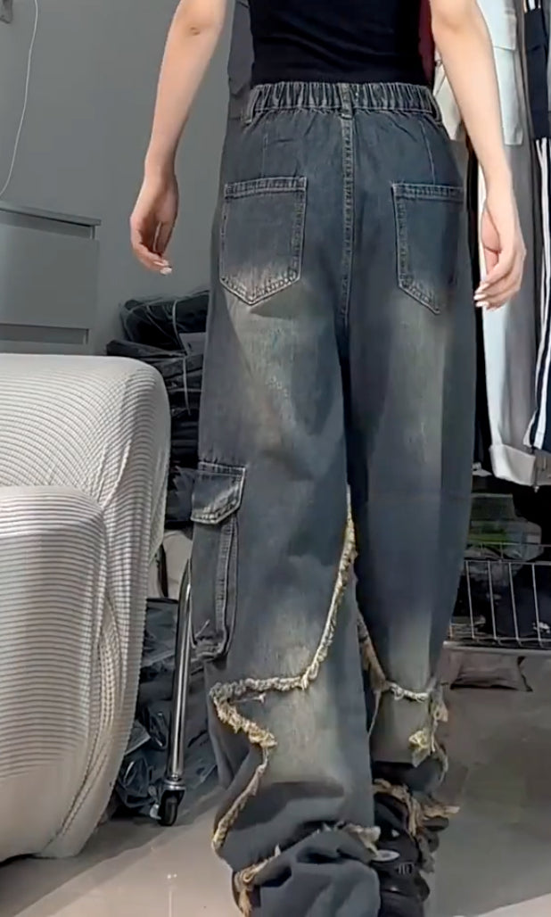 Hip Hop American Spice Girl Old Design Sense Rough Star Jeans Women's Summer Vintage Straight Wide Leg Pants