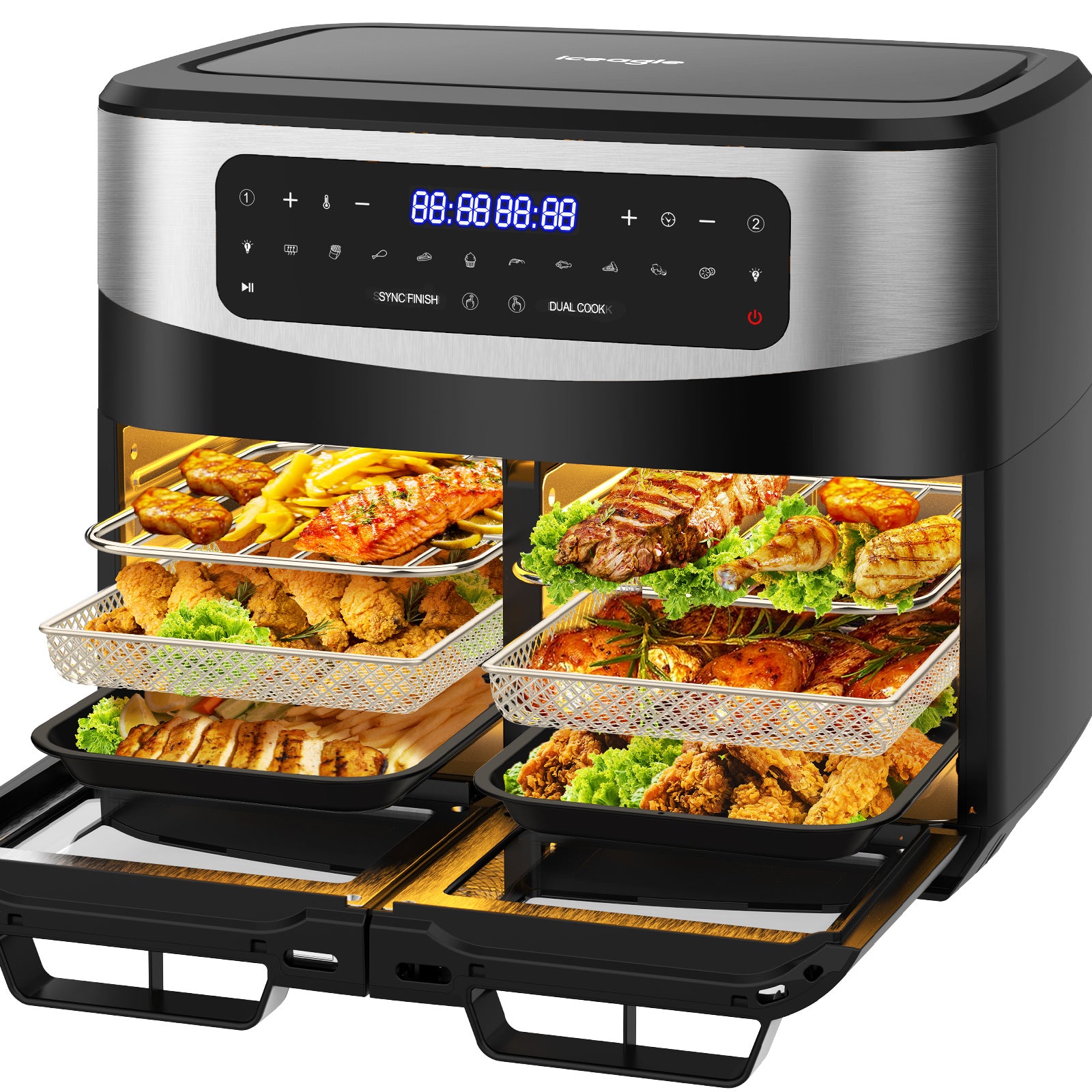 Heißluftfritteuse Doppelkammer Airfryer 12L - Heissluftfriteuse XXL Friteuse mit Sichtfenster, LED Touchscreen, 2 Fächer, 10 Programmen, Sync Finish & Dual Cook, Dörrer Funktion, 2600W