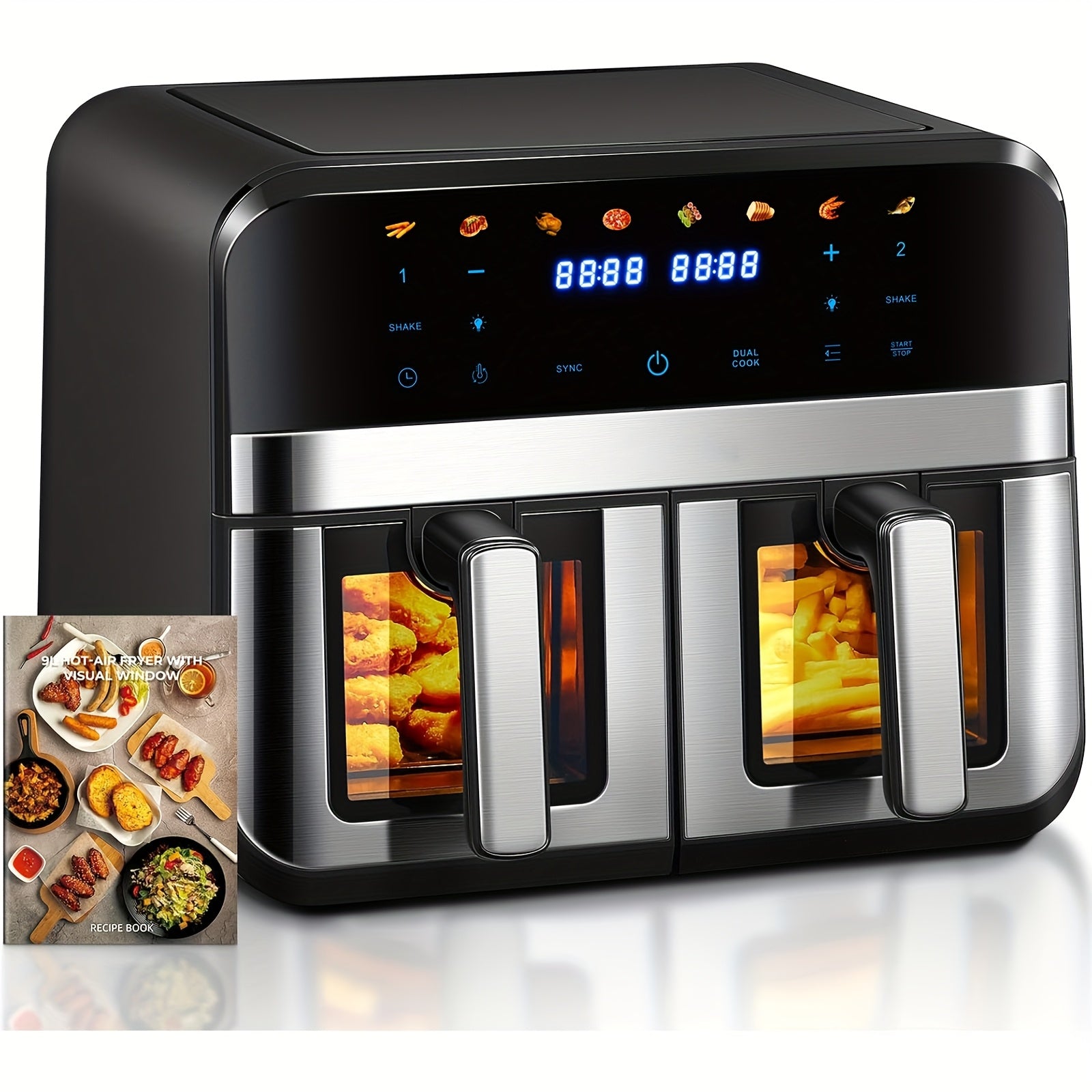 9L Dual Air Fryer with Visual Window, 8 Cooking Presets, Touch Screen, LED Display, Dual Zone Digital Air Fryer with Cookbook, Timer & Temperature Control, Nonstick