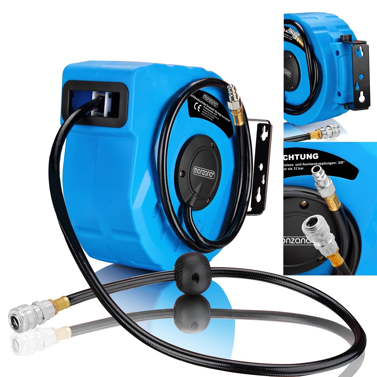 MONZANA® Compressed Air Hose Reel 10M+1M Automatic Rewind 3/8 Inch Connection 12 Bar Ö12Mm Automatic Hose Reel Compressed Air Hose Wall Bracket