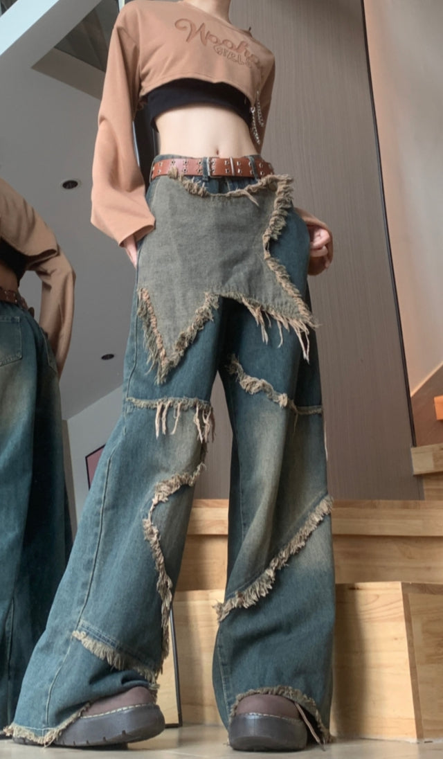 American vibe retro old star burr jeans women's summer high street design sense loose wide leg floor pants