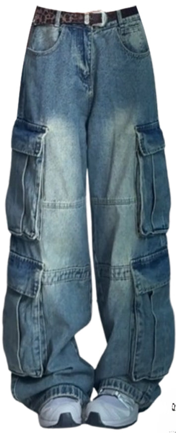 Large size American street retro heavy industry multi-pocket denim overalls women's 2024 autumn loose and versatile wide-leg pants