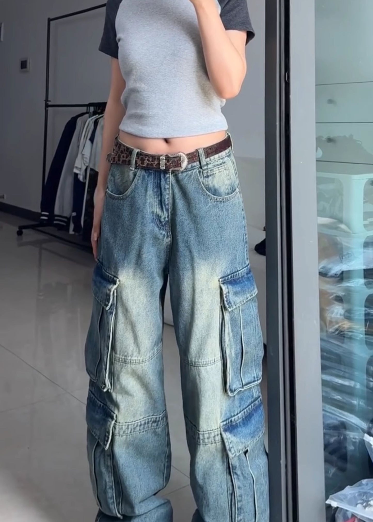 Large size American street retro heavy industry multi-pocket denim overalls women's 2024 autumn loose and versatile wide-leg pants