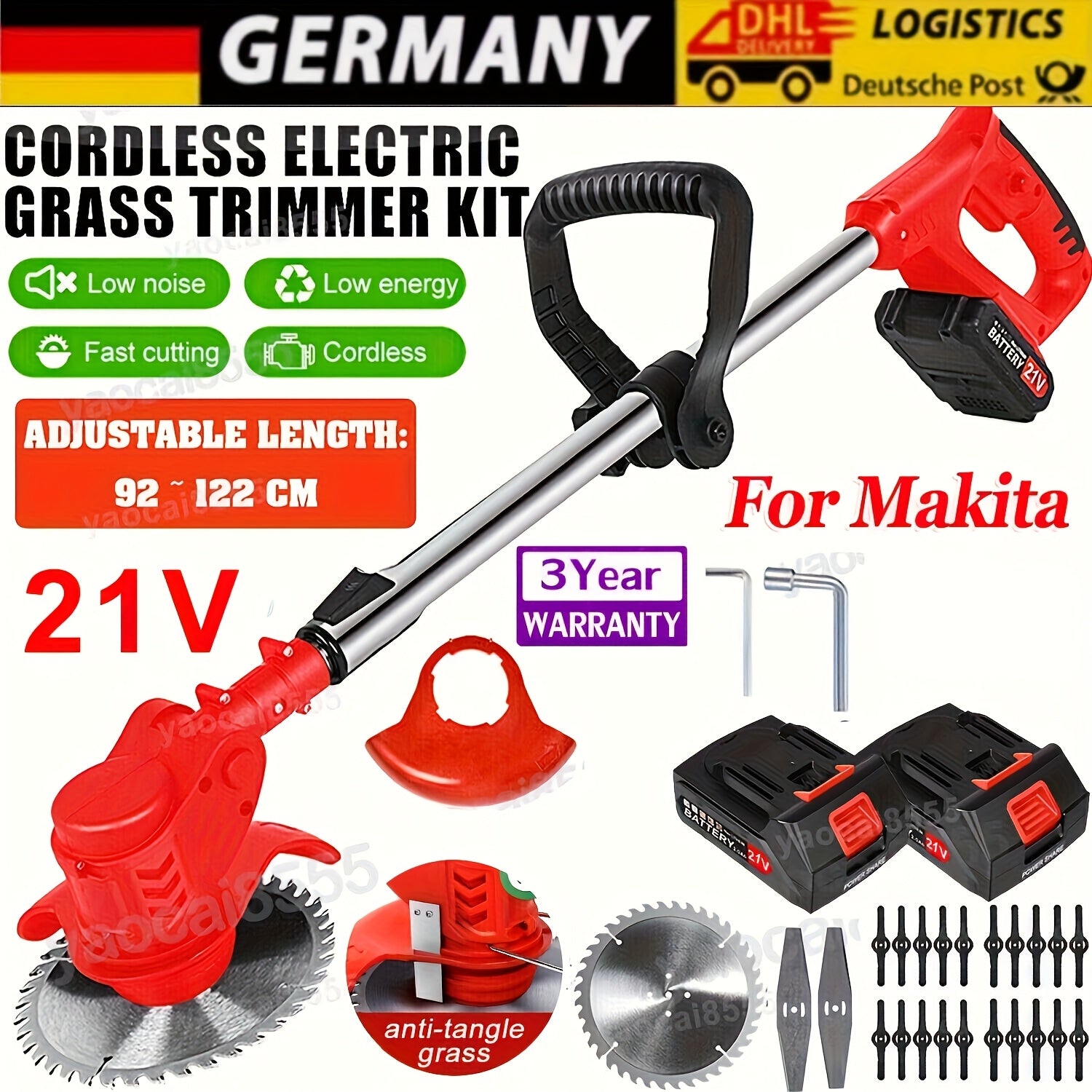 Kabelloser Unkrautstecher, 21V Elektrischer Unkrautfresser mit 2X 2.0Ah Akku, 3 Arten von Klingen, 3-in-1 Schnurlosem Rasenmäher/Kantenfräs/Bürstenmotorsäge für Rasen, Garten und Hofpflege