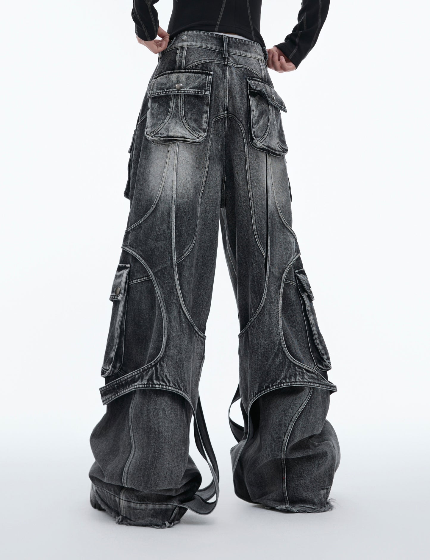 special-shaped engraved, heavy-duty washed wide-leg jeans, streamer-wrapped loose multi-pocket overalls