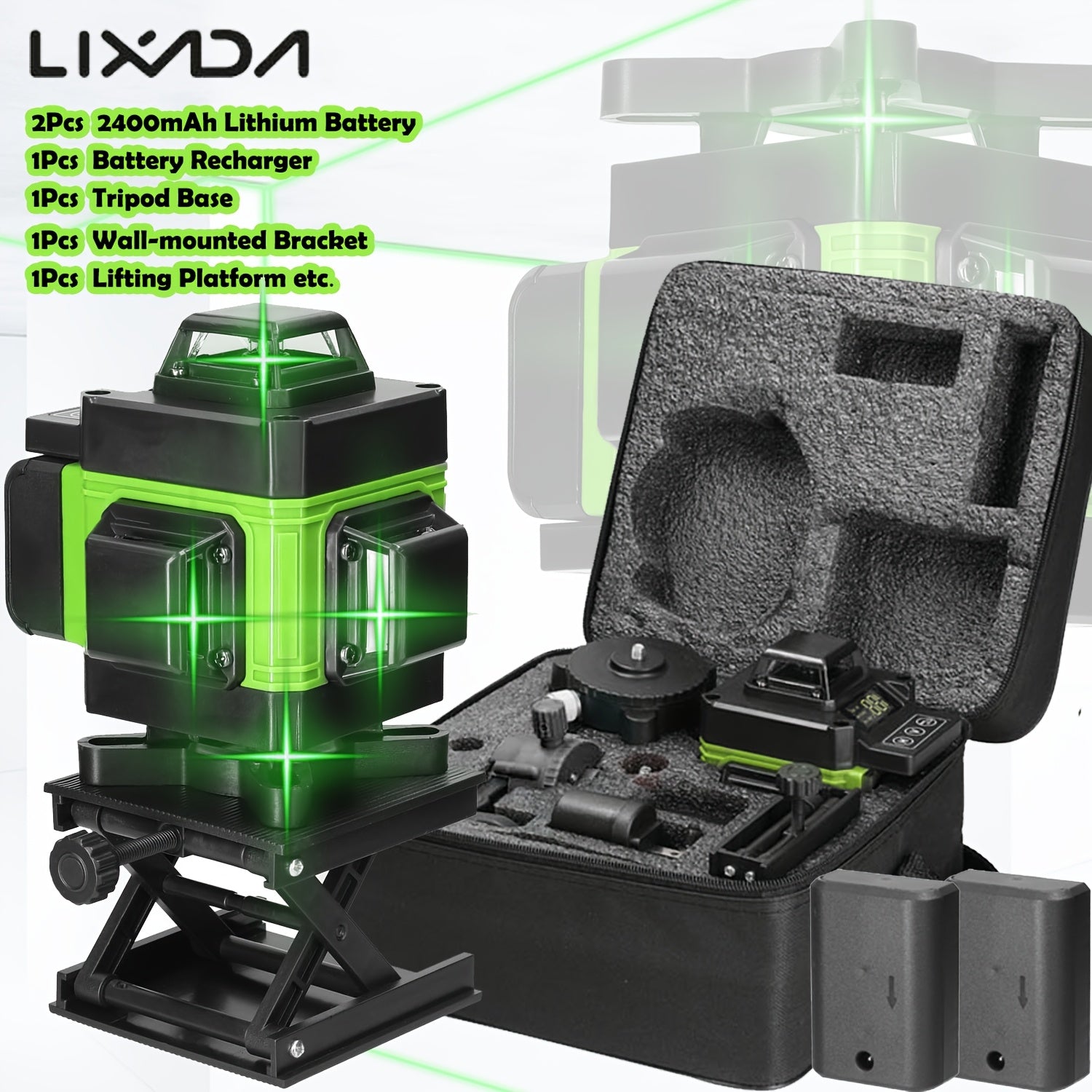 Lixada 4D 16 Lines Laser Level 3° Self-leveling Machine 2pcs 2400mAh USB Rechargeable Lithium Battery Leveling Tool with optional 1.2m 3-Heights Adjustable Alloy Extension Bar Tripod Stand