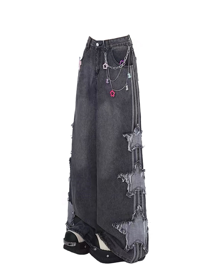 American retro star jeans women's 2024 new popular high street vibe wind loose wide-leg mopping trousers