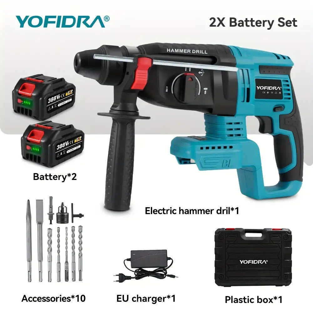 Brushless Elektro-Hammerbohrer, 26mm mit Bohrer, 4-Gang Akku-Schlagbohrmaschine für Beton, Stahl und Holz, kompatibel mit YOFIDRA-Akku