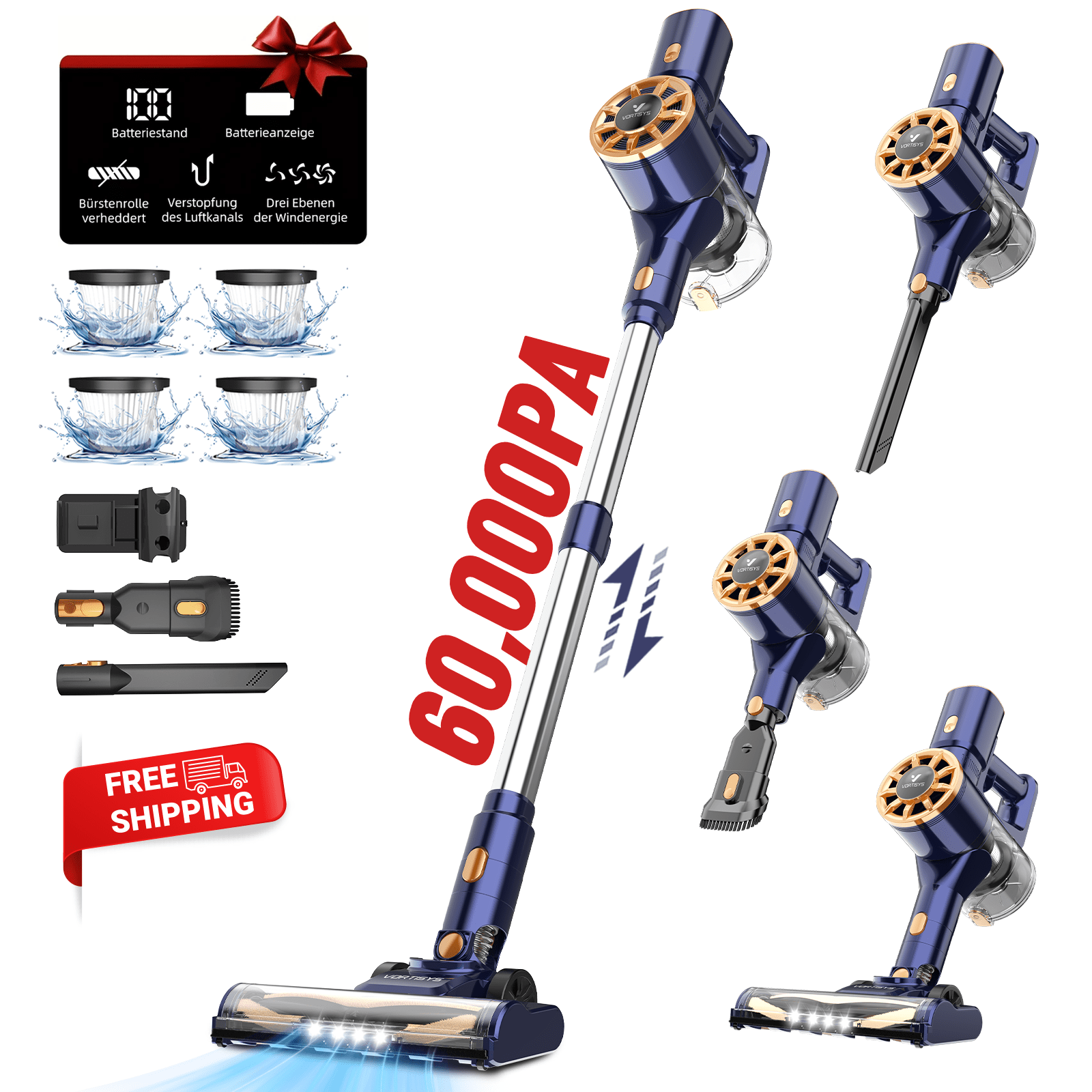 Staubsauger N9 60000Pa Akku-Staubsauger für Zuhause, 55-minütige Laufzeit, 6-in-1 Teppichreiniger, 8*2200mAh Akku, Anti-Verhedderung-Bodenbürste, Leistungsstarker Saugkraft, Auto-Zubehör, Haustierhaare, Teppiche und Hartböden, Ideales Geschenk, Staubsauge