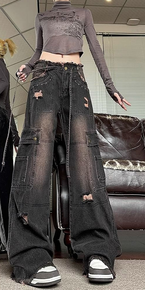 Rough edge denim overalls women's spring and autumn new American high street retro high waist straight casual wide leg mopping pants
