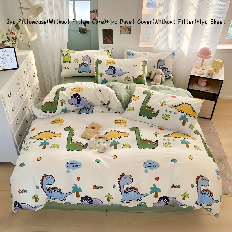 Vier Jahreszeiten Hautfreundlicher Druck Dinosaurier Park Fleece Set, 100% Baumwolle, Inklusive 1 Bettdecke + 2 Kissenbezüge + 1 Spannbettlaken, Weich und atmungsaktiv, Schweißableitend, Einfach aber elegant, Maschinenwaschbar