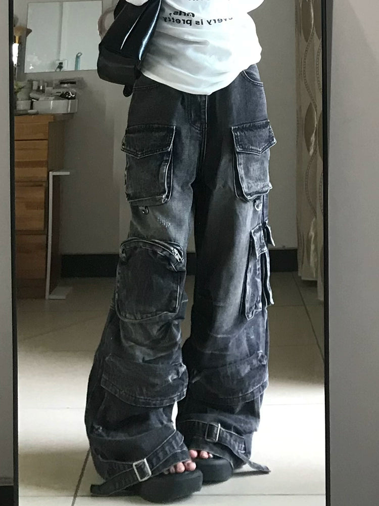 American retro multi-pocket tooling jeans men and women street style babes do old washed wide-leg pants tide