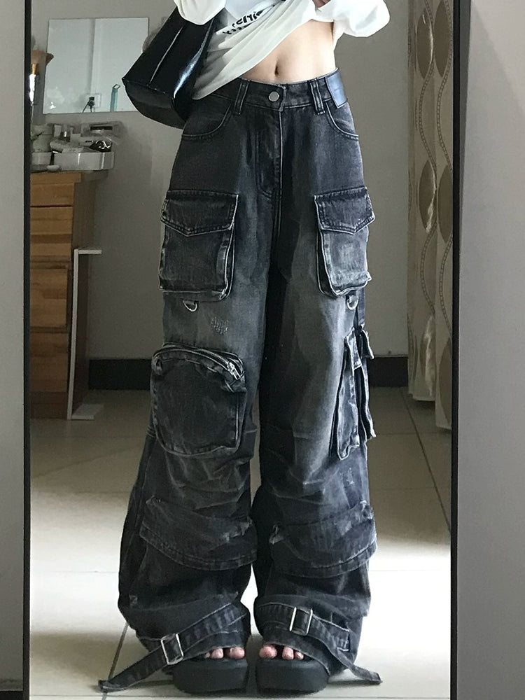 American retro multi-pocket tooling jeans men and women street style babes do old washed wide-leg pants tide