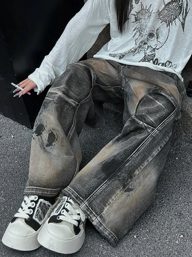 Large size American street heavy industry dirty stained jeans men's and women's autumn and winter retro old loose pleated floor pants