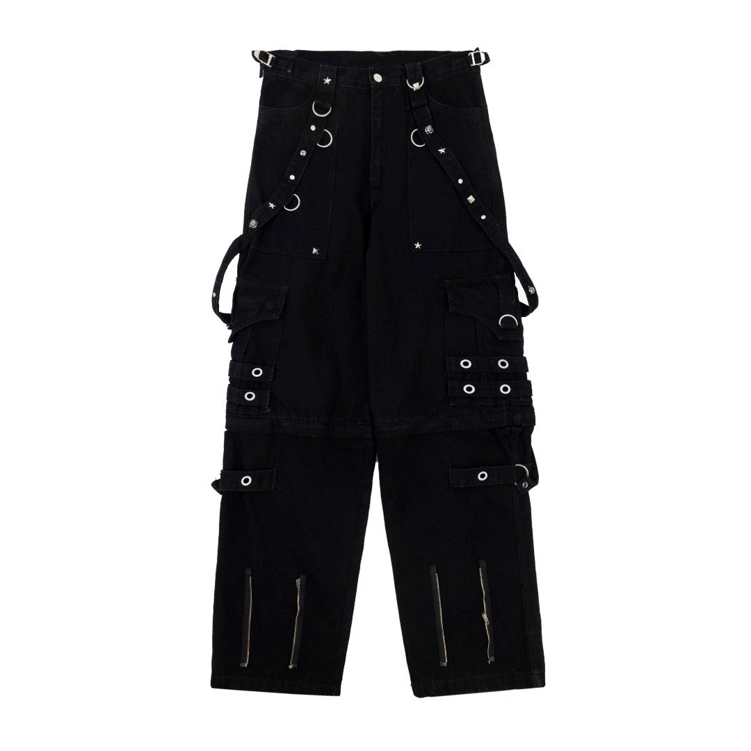 Washed old punk style metal wide legs with the same eight gods strap denim trousers