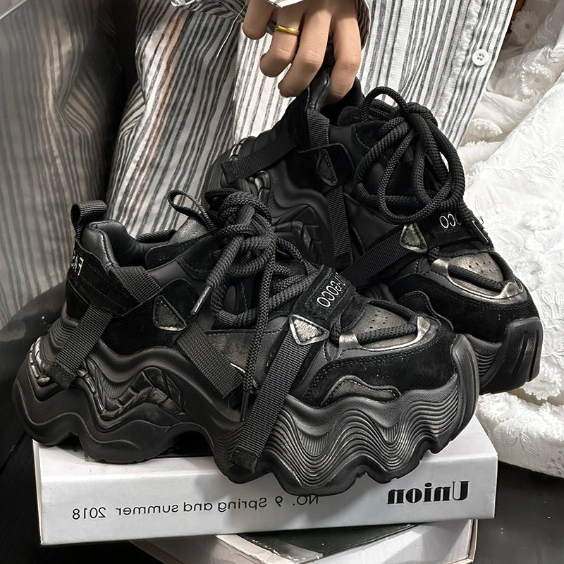 European genuine leather muffin platform dad shoes women's 2024 autumn and winter new retro small height increase sports and leisure shoes