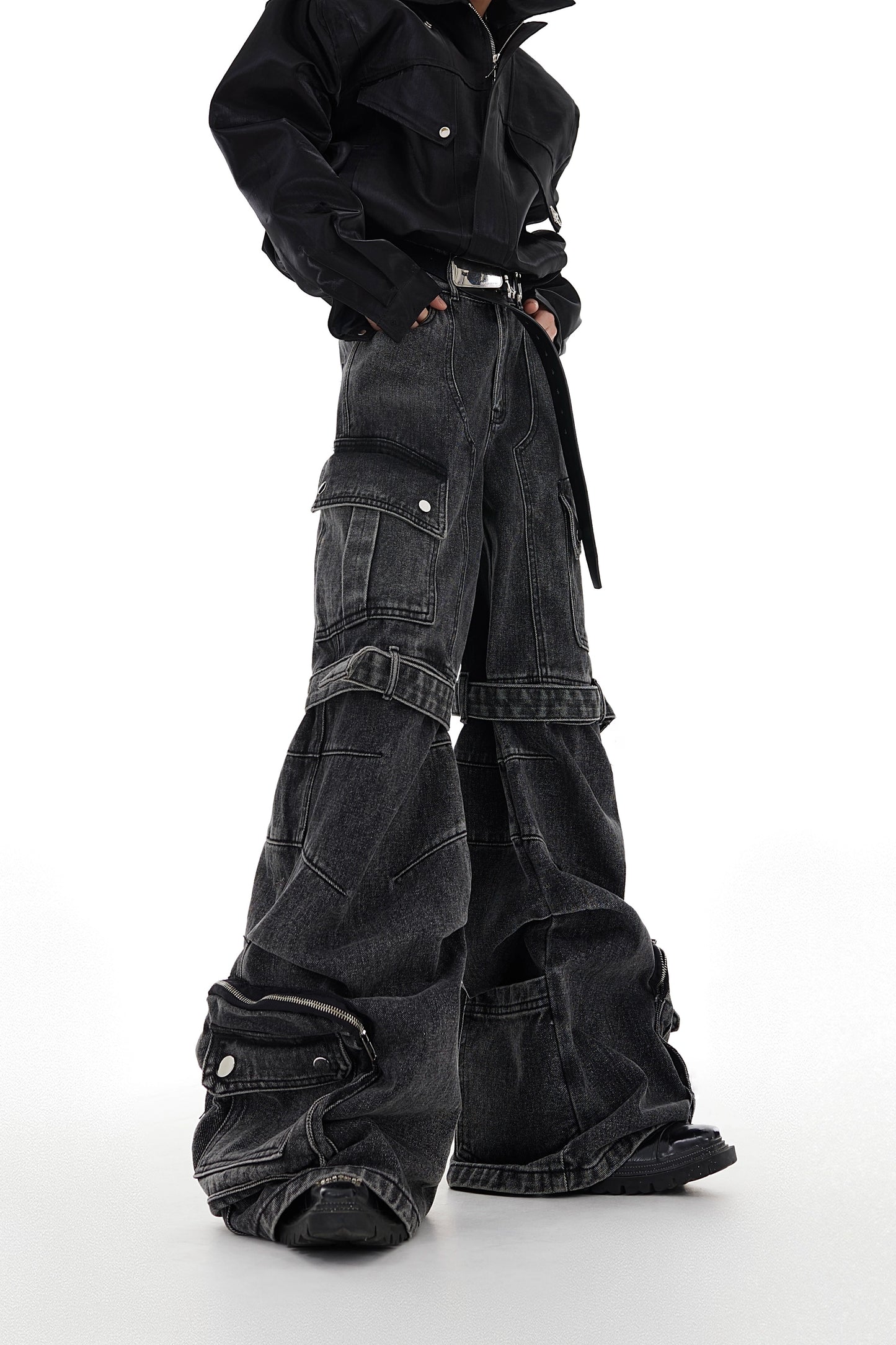 Niche heavy-duty washed deconstruction multi-pocket jeans three-dimensional strap design wide-leg overalls