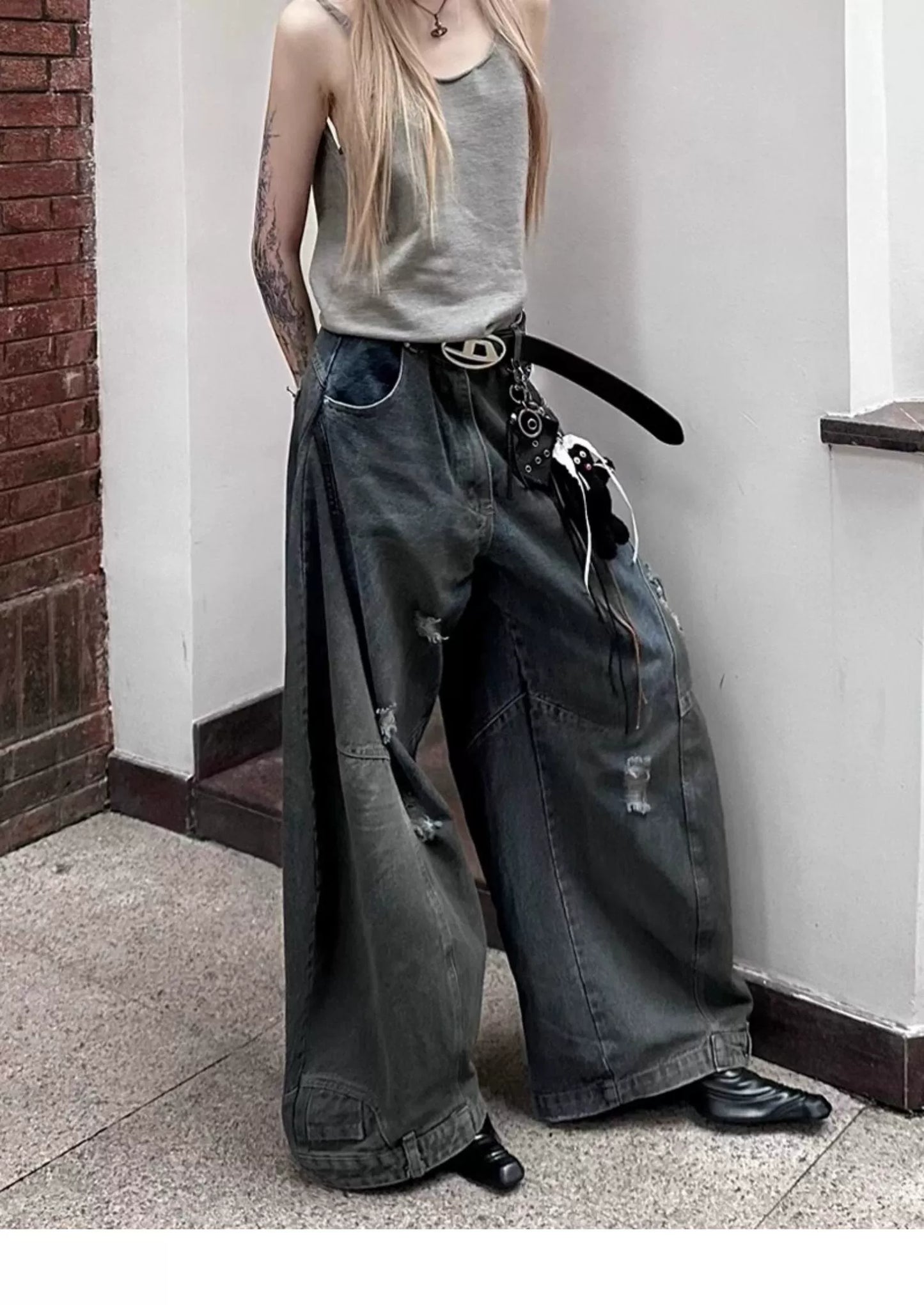 American high street style Spice Girl ripped jeans men and women spring and autumn wasteland style old dirty mopping pants