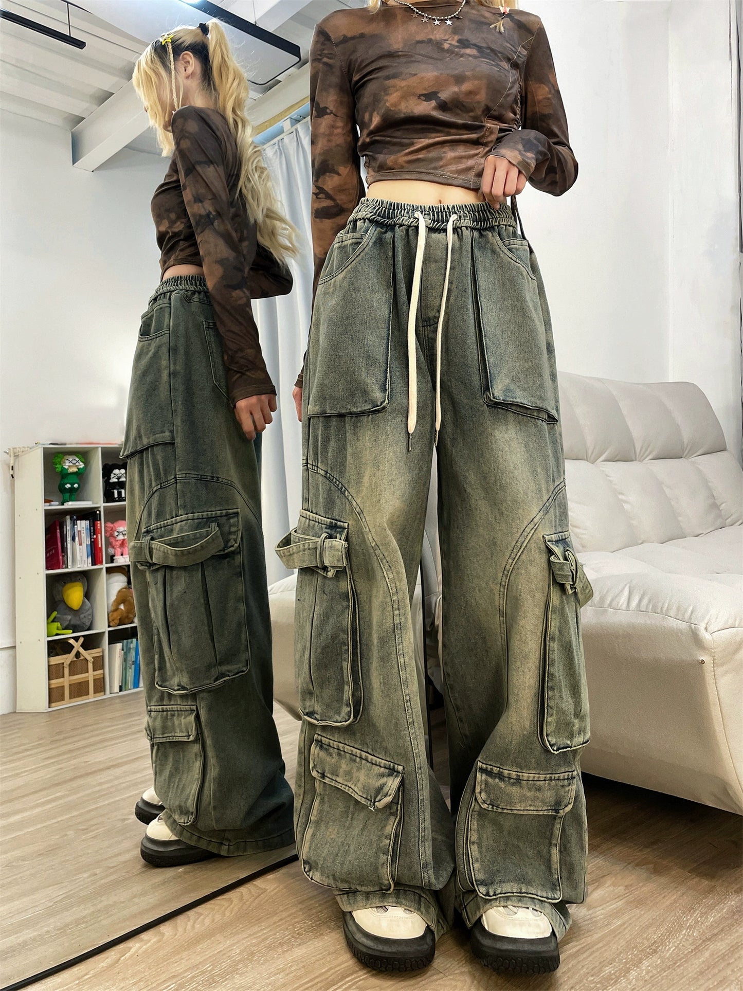 American retro jeans old washed overalls women's heavy industry design loose straight trousers