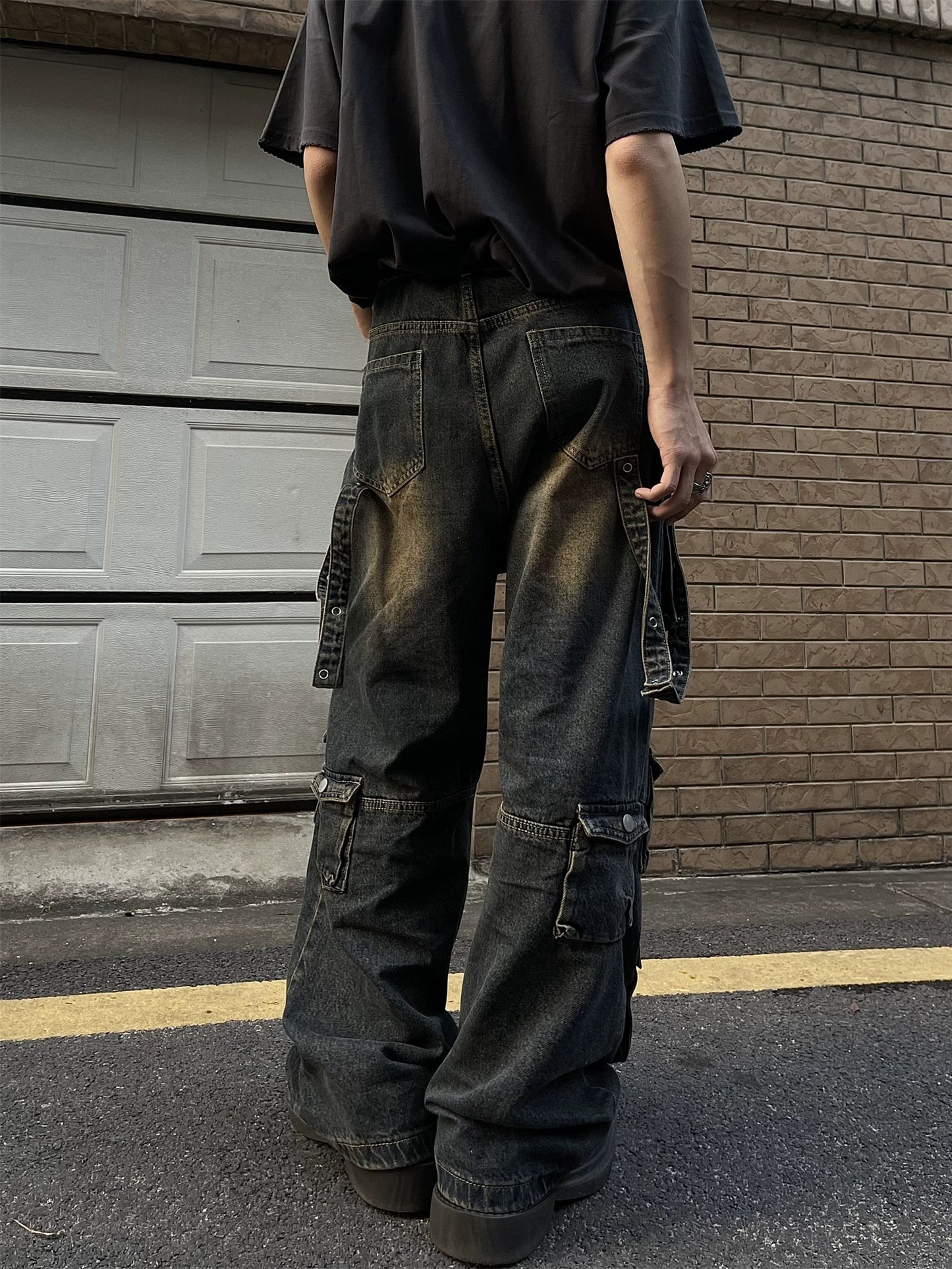 American retro yellow mud contrasting color multi-pocket tooling jeans men's and women's loose straight hip-hop trousers