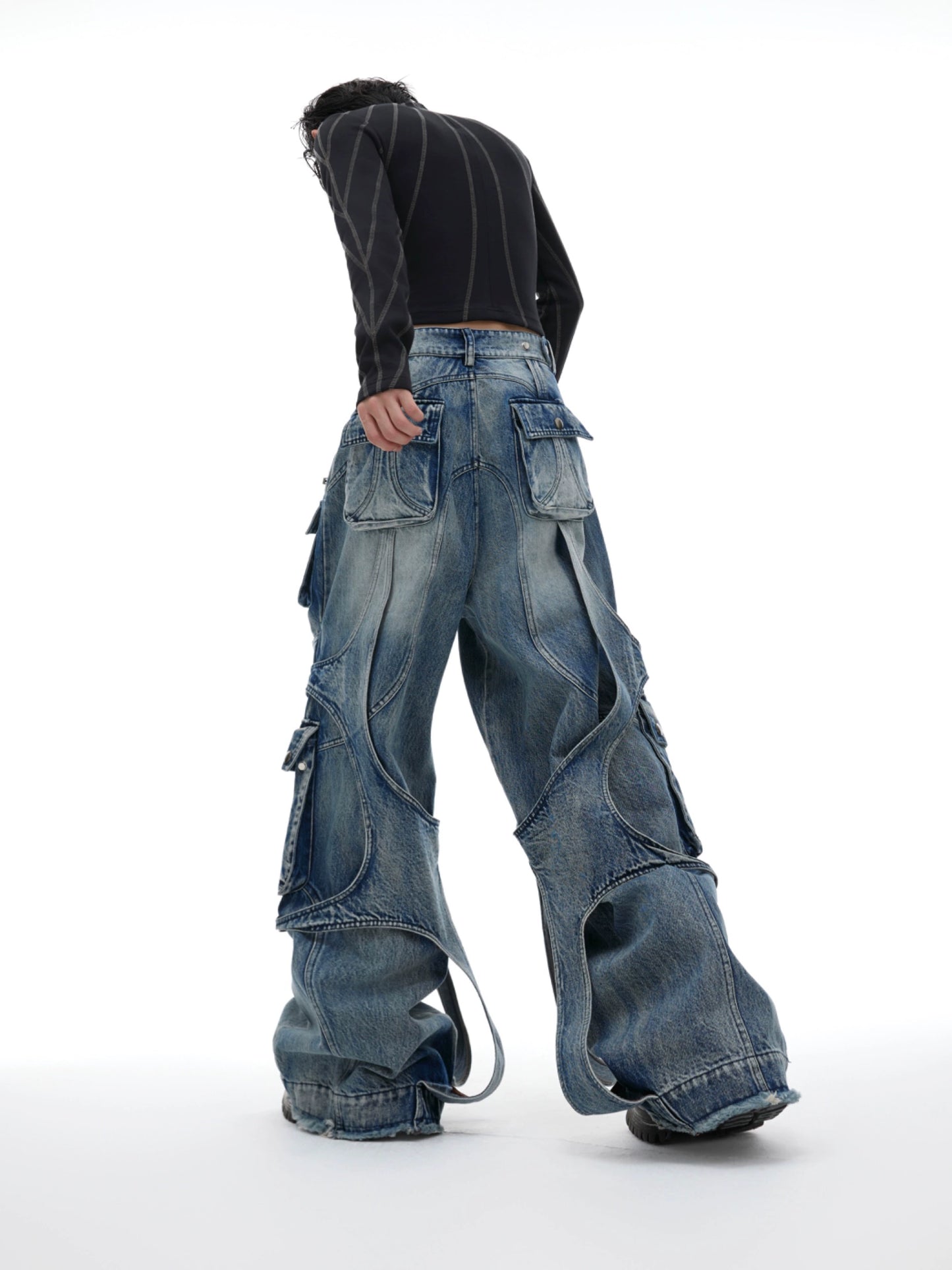 special-shaped engraved, heavy-duty washed wide-leg jeans, streamer-wrapped loose multi-pocket overalls