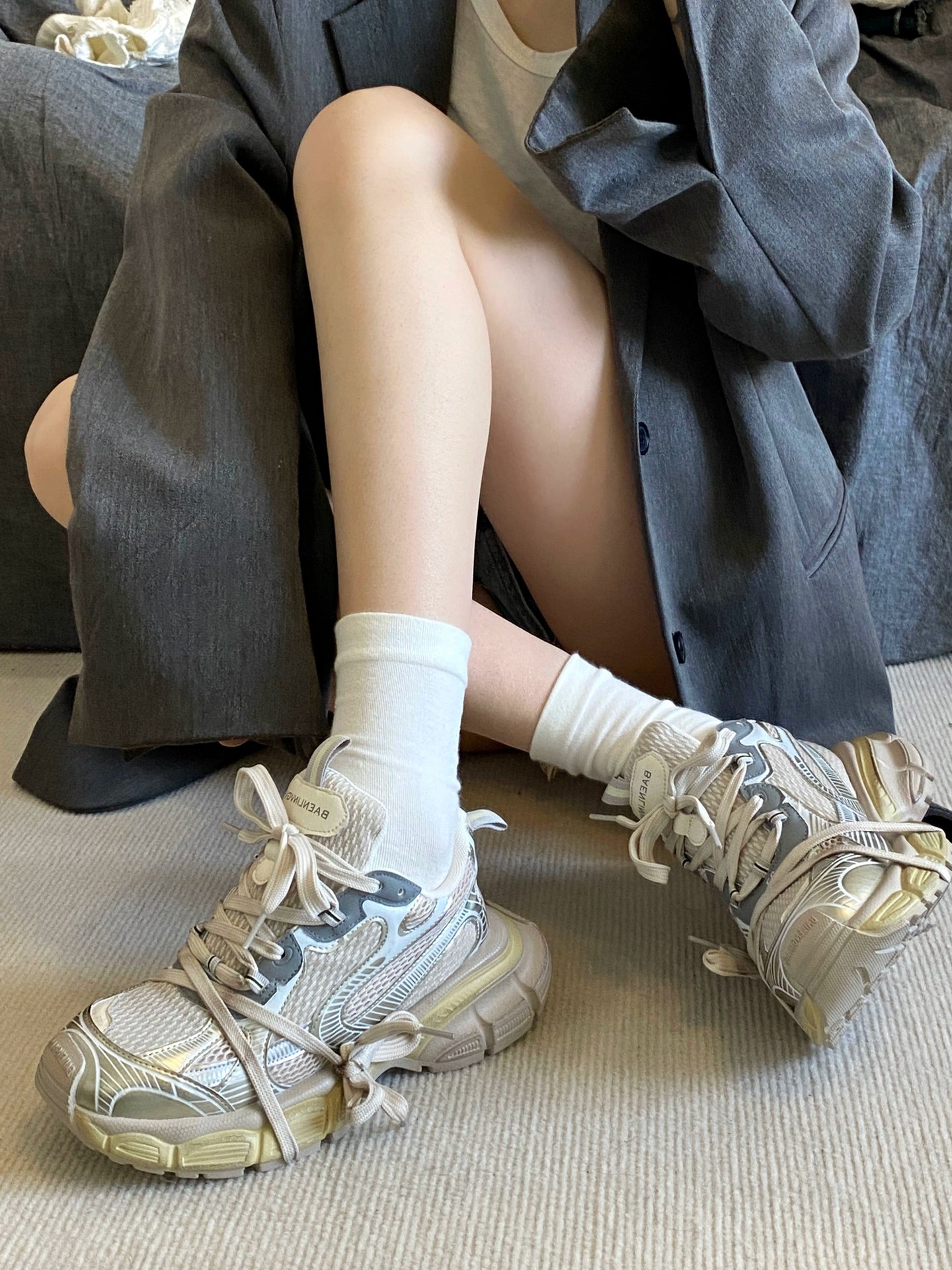 Paris style heightened 5CM~ grid polished dad shoes women's platform sports shoes old retro casual women's shoes