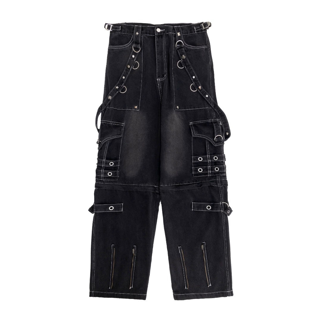 Washed old punk style metal wide legs with the same eight gods strap denim trousers