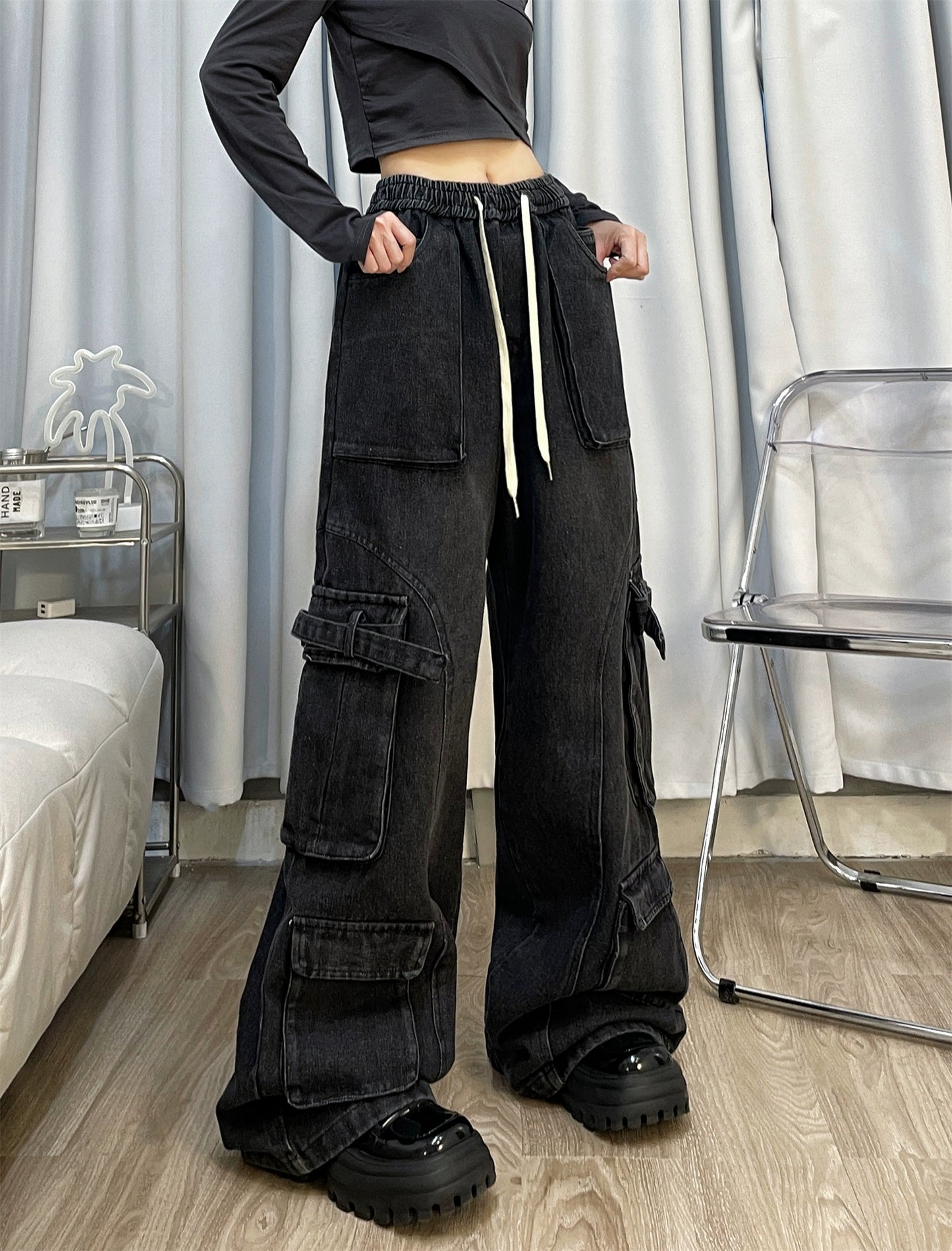 American retro jeans old washed overalls women's heavy industry design loose straight trousers