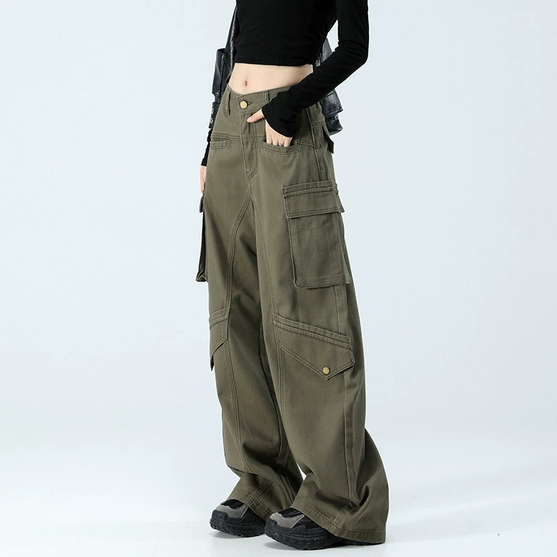 American overalls women's autumn 2024 new trendy brand army green loose wide-leg jeans straight and thin