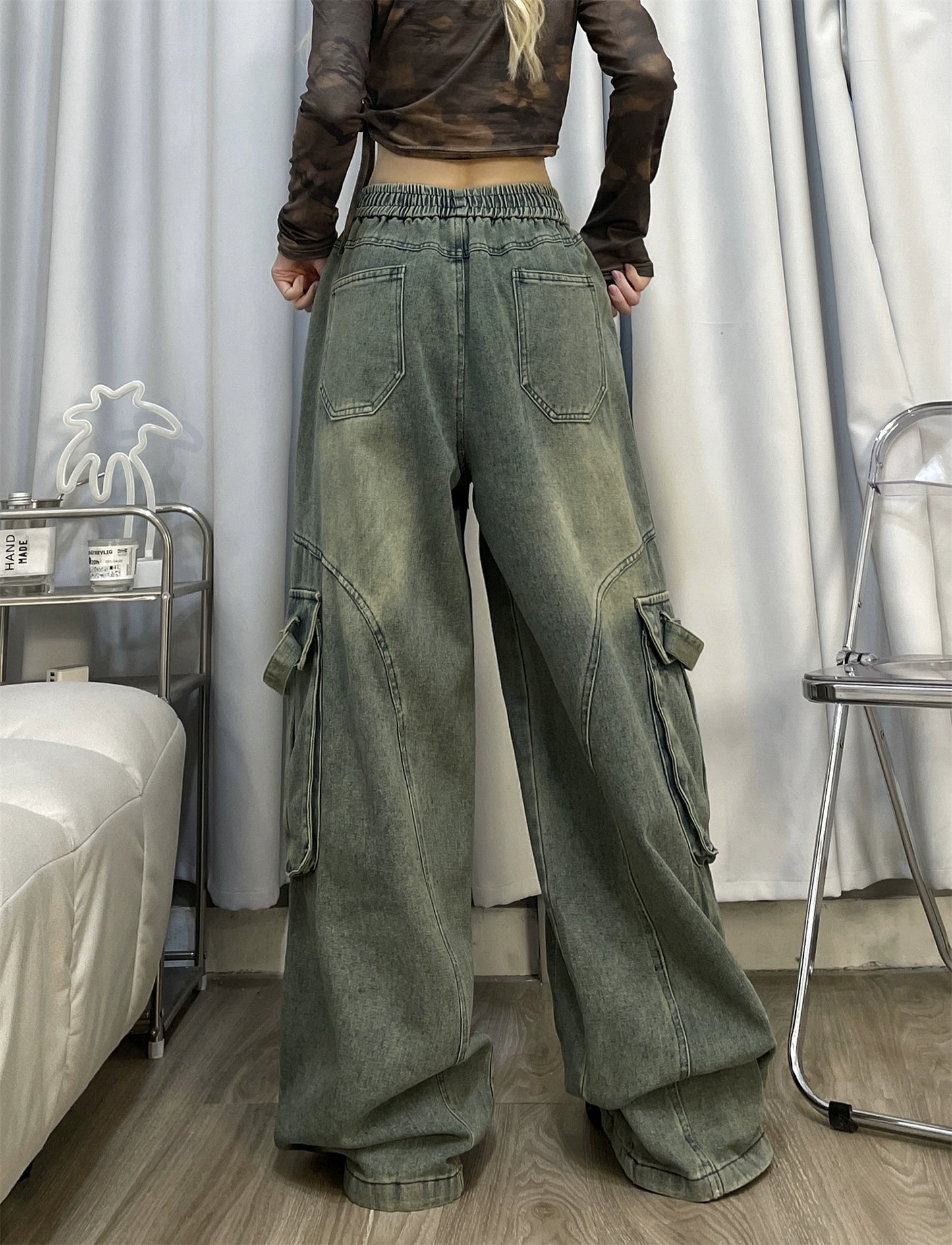 American retro jeans old washed overalls women's heavy industry design loose straight trousers