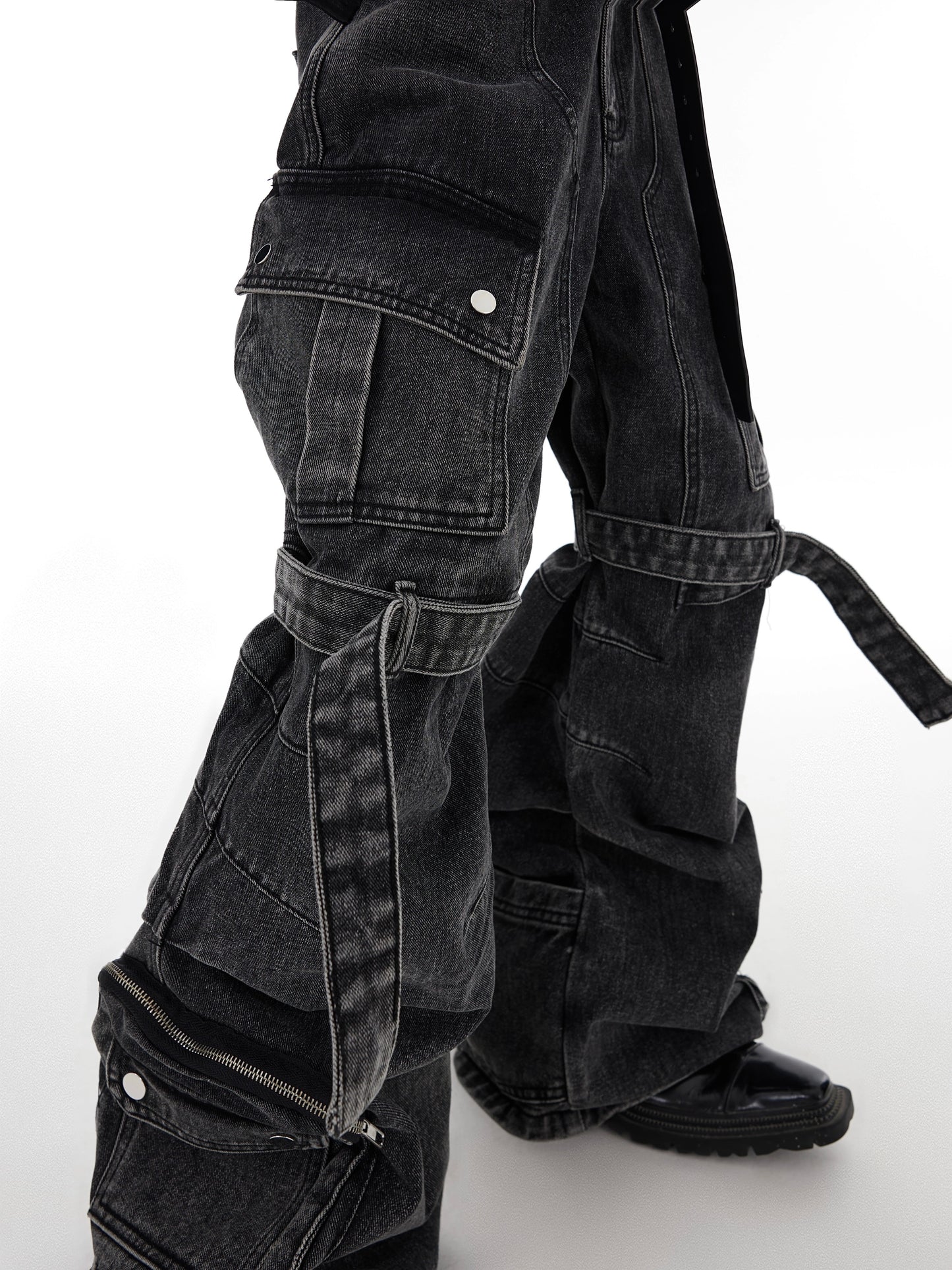 Niche heavy-duty washed deconstruction multi-pocket jeans three-dimensional strap design wide-leg overalls