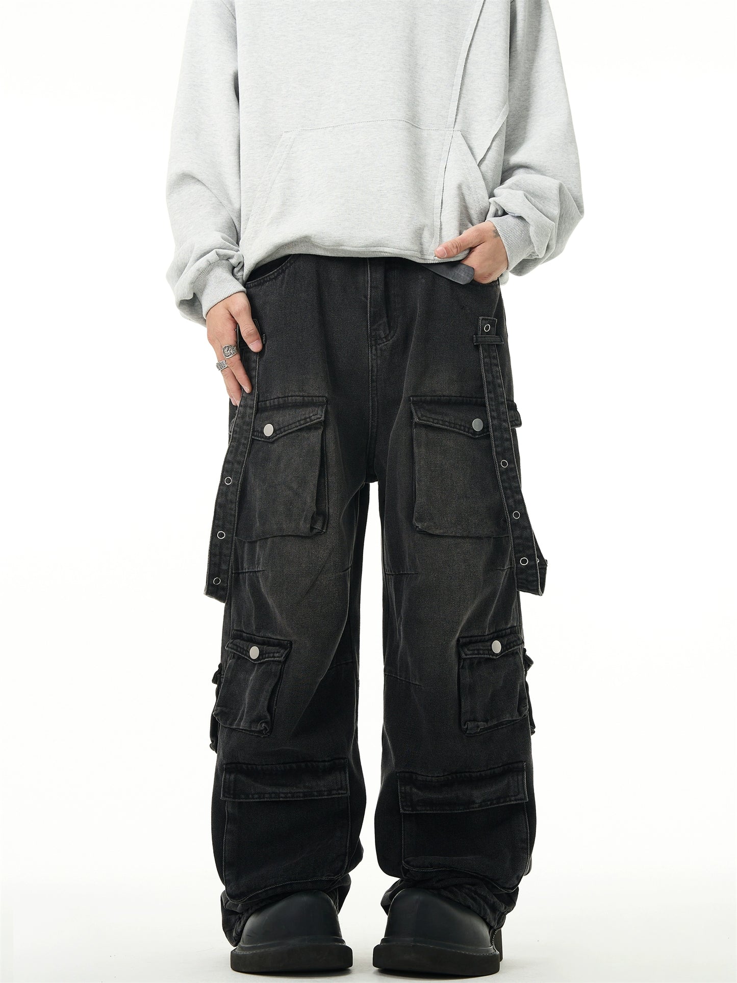 American retro yellow mud contrasting color multi-pocket tooling jeans men's and women's loose straight hip-hop trousers