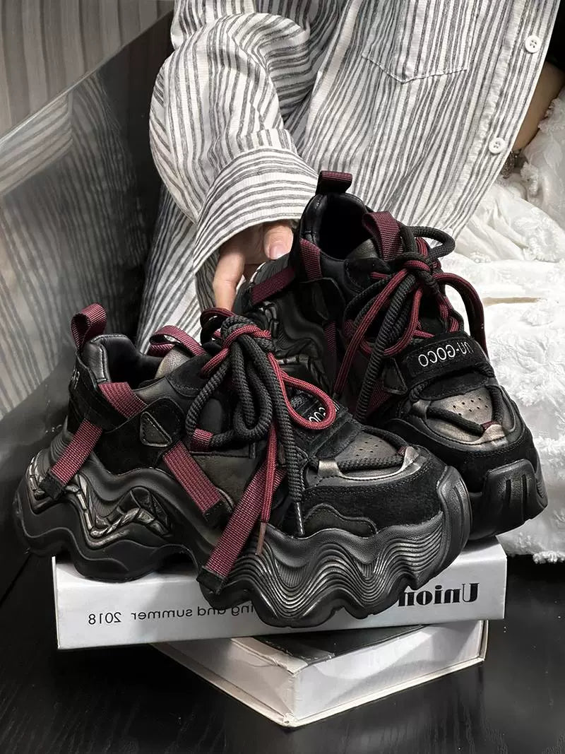 European genuine leather muffin platform dad shoes women's 2024 autumn and winter new retro small height increase sports and leisure shoes