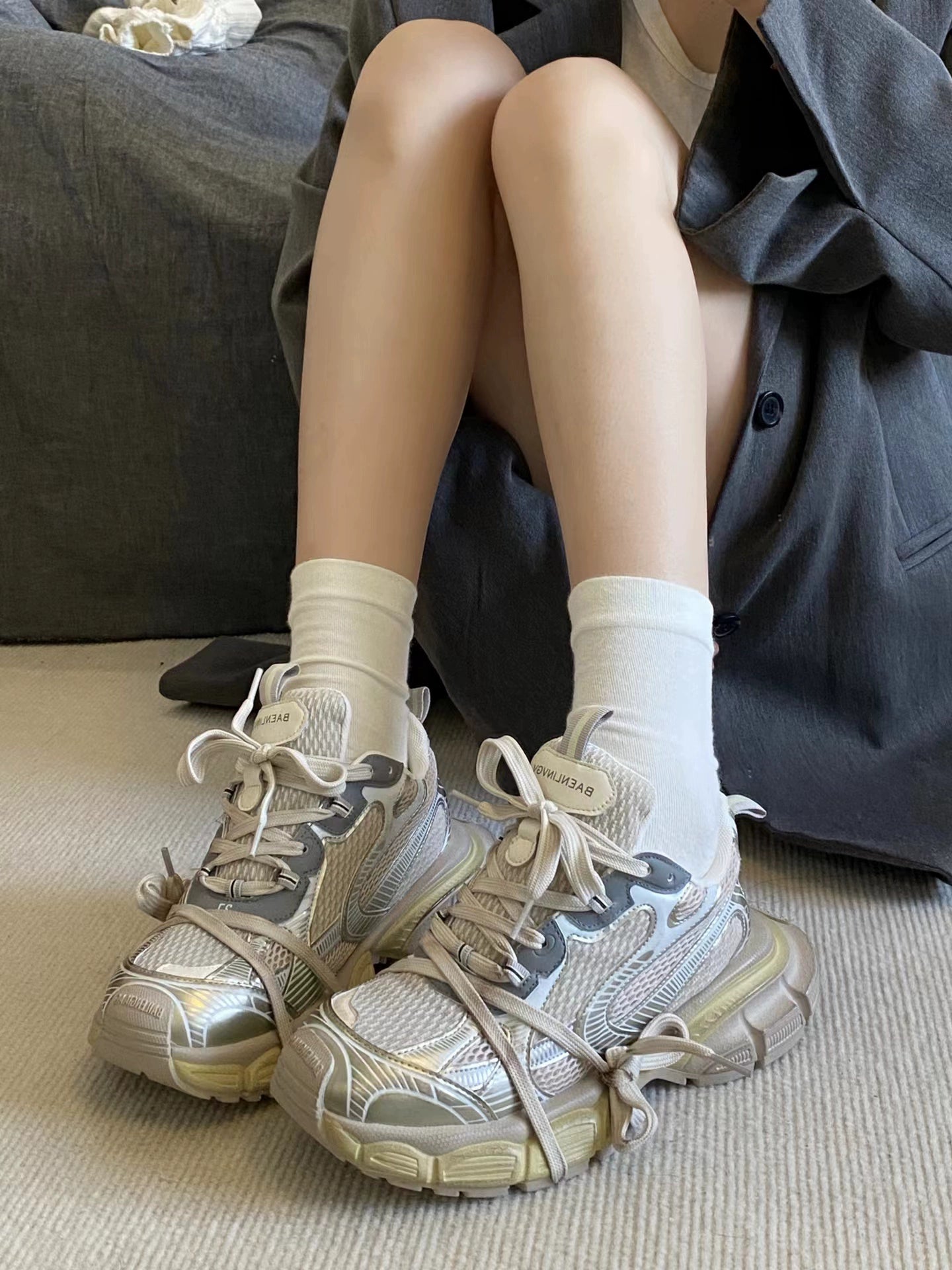 Paris style heightened 5CM~ grid polished dad shoes women's platform sports shoes old retro casual women's shoes