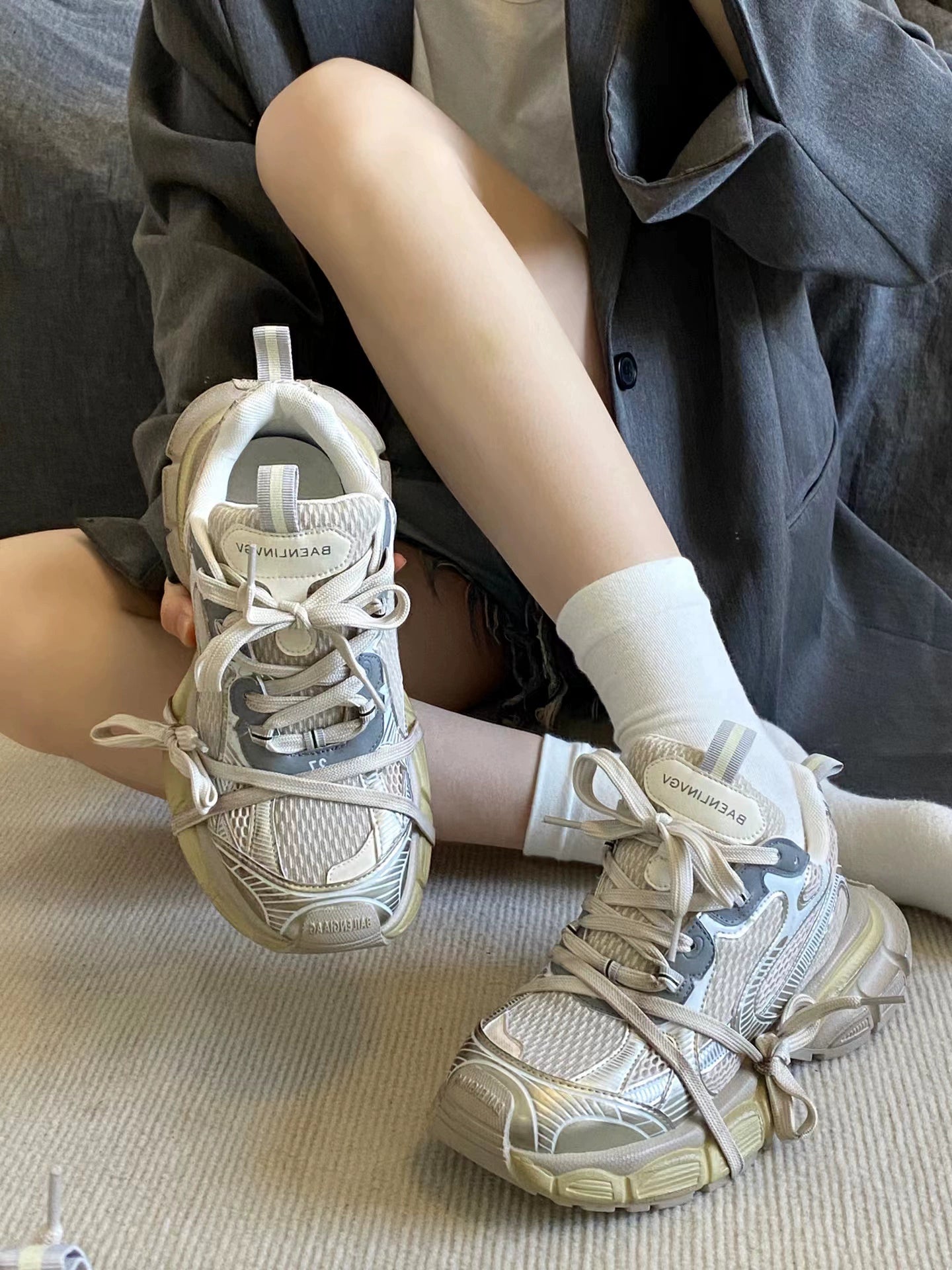 Paris style heightened 5CM~ grid polished dad shoes women's platform sports shoes old retro casual women's shoes