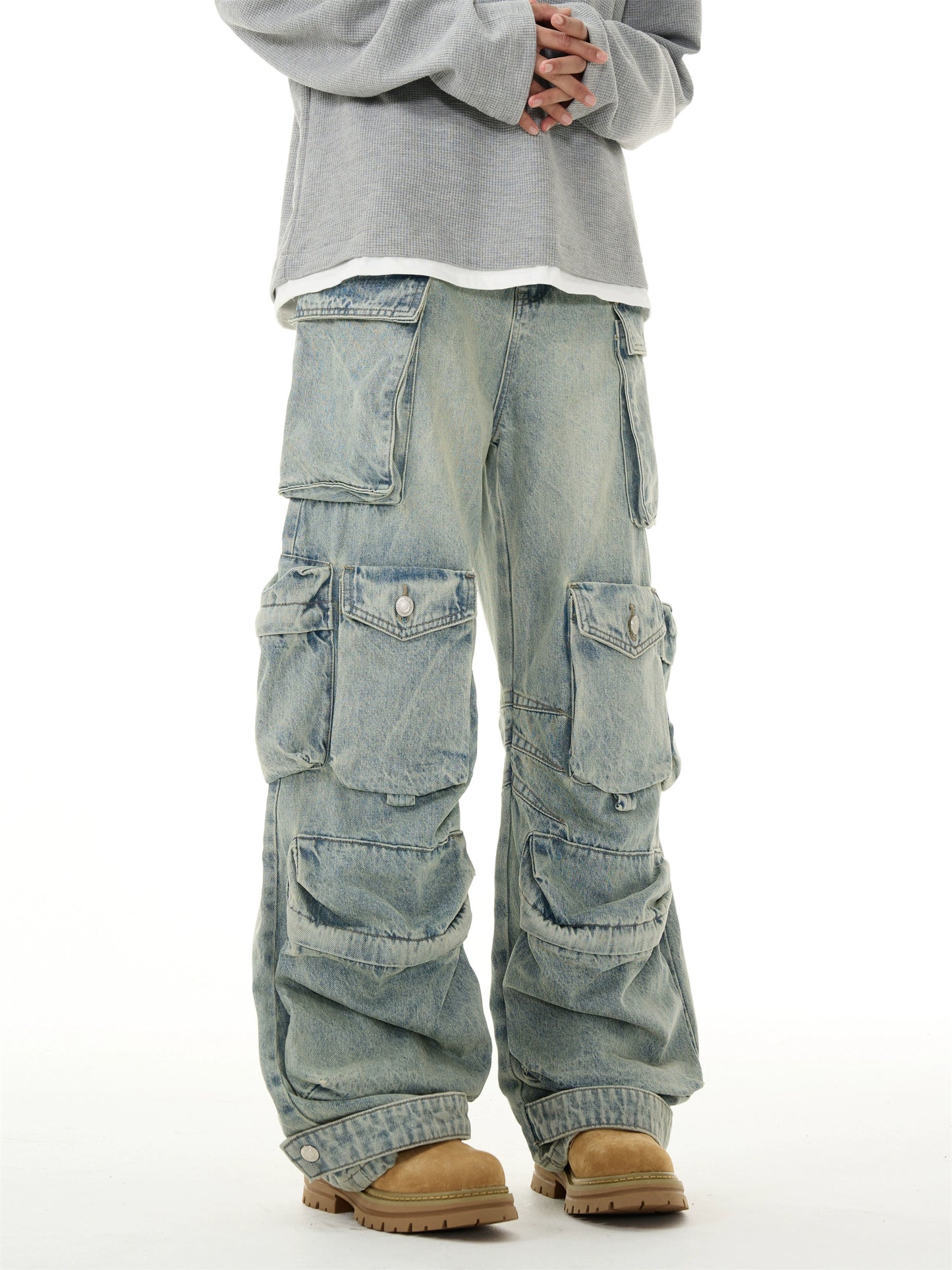 Heavy washed multi-pocket old jeans men's niche loose straight American pants