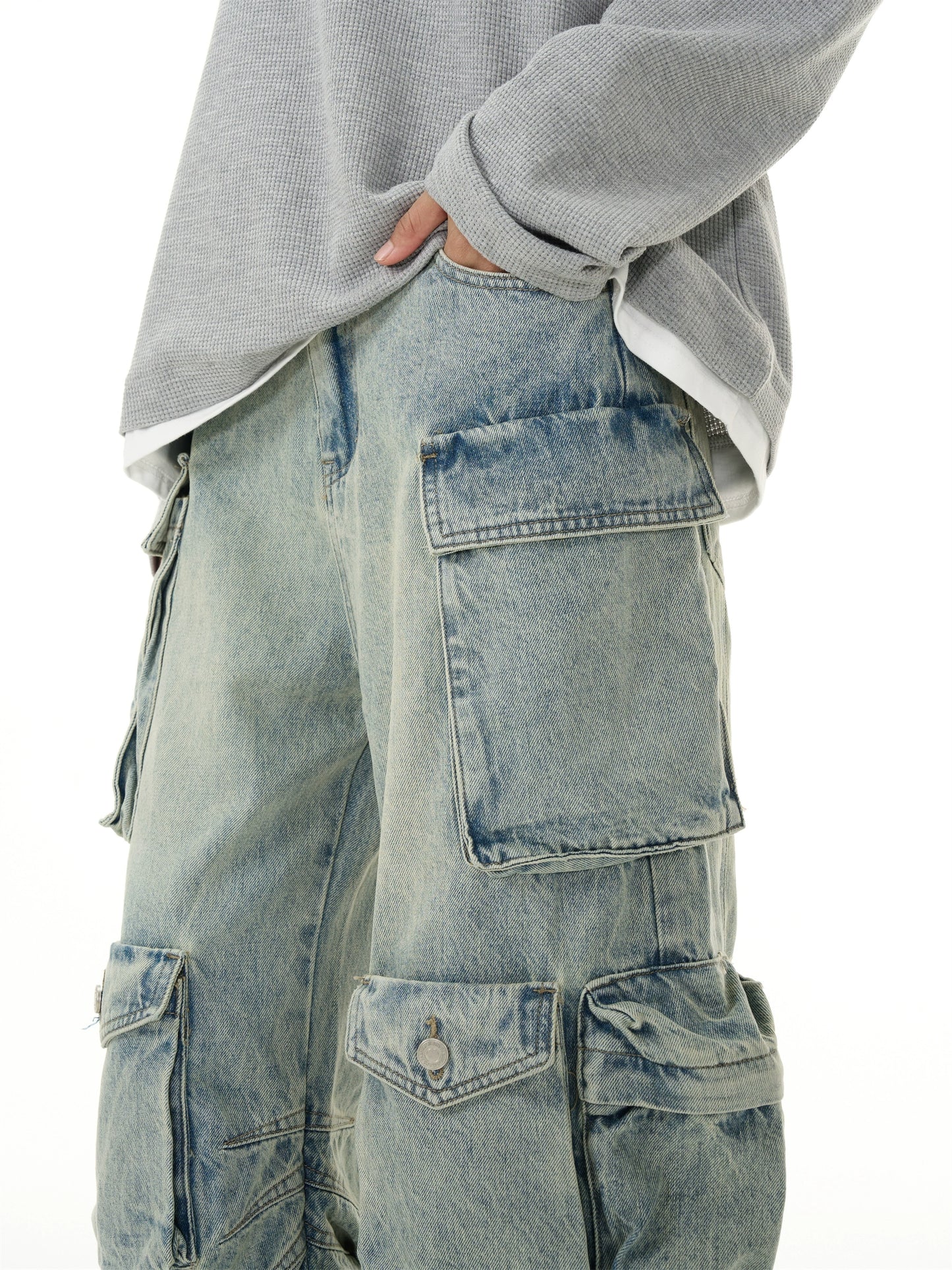 Heavy washed multi-pocket old jeans men's niche loose straight American pants